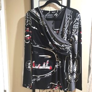 DKNY Black and Gray Patterned Top
